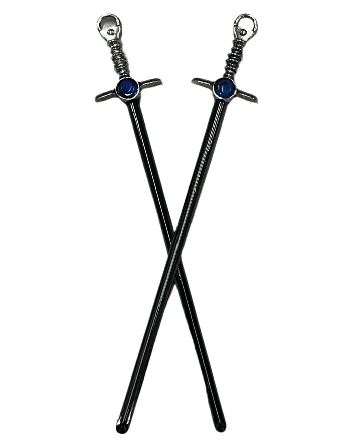 Silver Gem Sword Hair Sticks with black gemstone accents, medieval sword-inspired fantasy hair accessories, front view on white background.