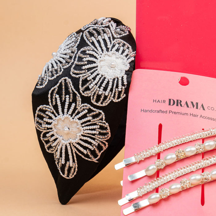 Glitzy Gift Box with 1 Knotted Hair Band, 1 Crystal & Pearl Hair Bow, 4 Hair Pins & 4 Scrunchies - Black