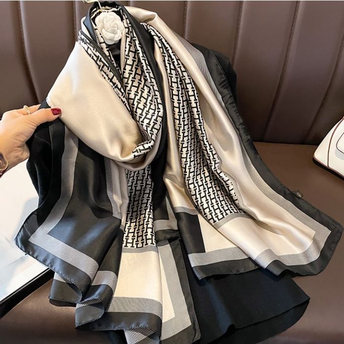 H Black & Natural Ivory Satin Feel Scarf