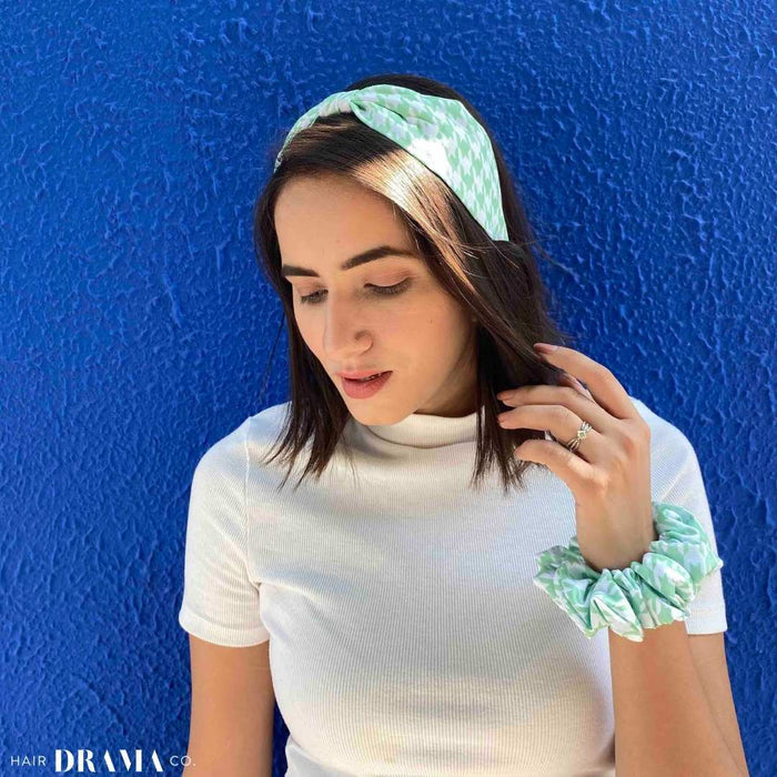 Houndstooth Headband & Scrunchie Set - Green