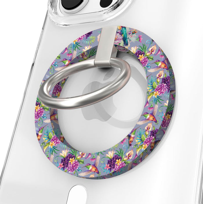 Hummingbird Bliss pattern MagSafe phone grip ring with colorful birds and purple flowers on lavender background compatible with iPhone and Samsung