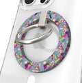 Hummingbird Bliss pattern MagSafe phone grip ring with colorful birds and purple flowers on lavender background compatible with iPhone and Samsung