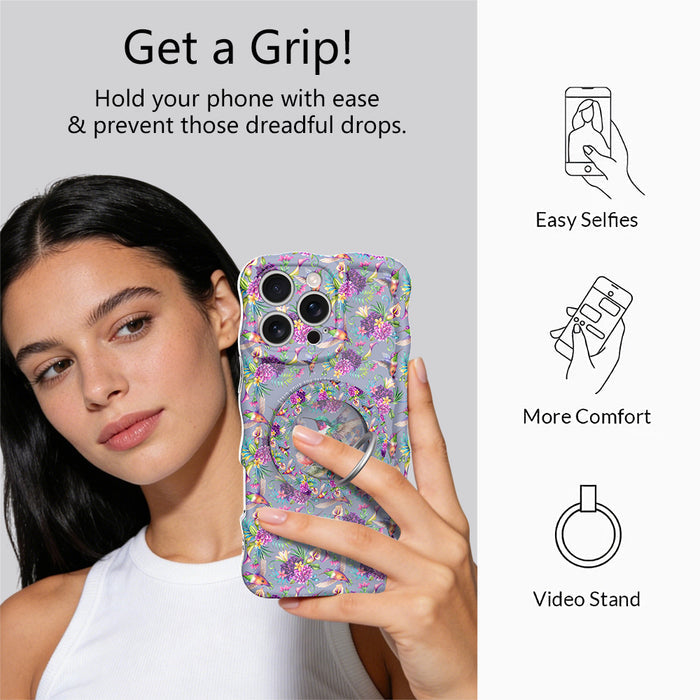 Hummingbird Bliss pattern MagSafe phone grip ring with colorful birds and purple flowers on lavender background compatible with iPhone and Samsung