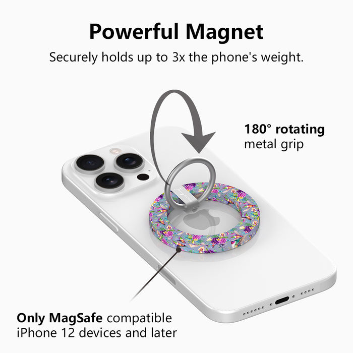 Hummingbird Bliss pattern MagSafe phone grip ring with colorful birds and purple flowers on lavender background compatible with iPhone and Samsung