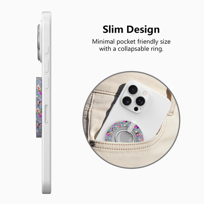 Hummingbird Bliss pattern MagSafe phone grip ring with colorful birds and purple flowers on lavender background compatible with iPhone and Samsung
