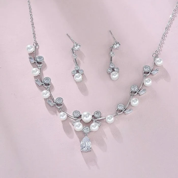 Wedding Jewelry - Silver Pearl and Cubic Zirconia Bridal Jewelry Set