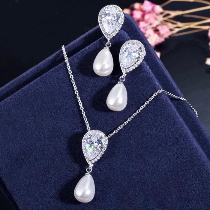 Wedding Jewelry - Pearl and Cubic Zirconia Bridal Necklace and Earrings Set - Available in Silver, Rose Gold and Yellow Gold