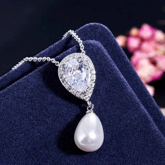 Wedding Jewelry - Pearl and Cubic Zirconia Bridal Necklace and Earrings Set - Available in Silver, Rose Gold and Yellow Gold