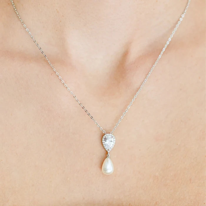 Wedding Jewelry - Pearl and Cubic Zirconia Bridal Necklace and Earrings Set - Available in Silver, Rose Gold and Yellow Gold