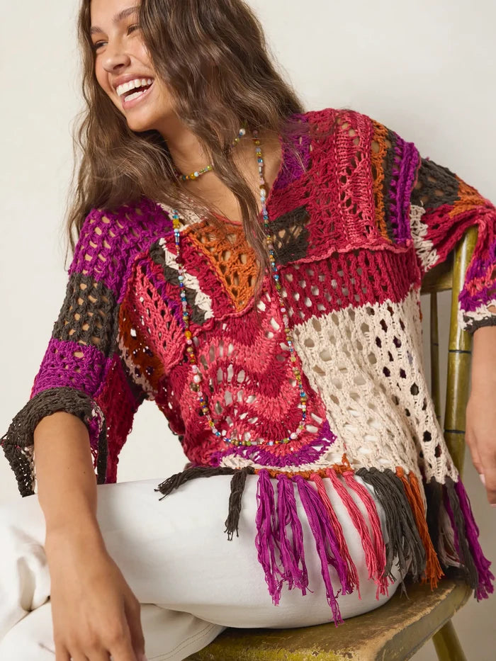 Joan Fringe Pullover Sweater - Magenta-view 1