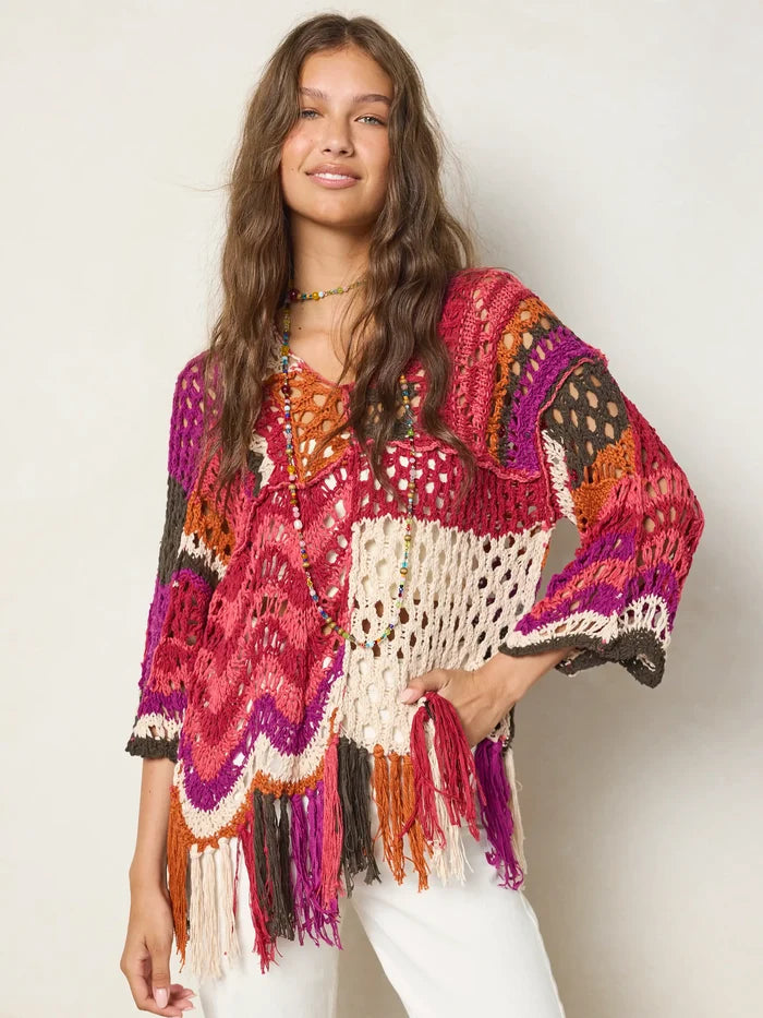 Joan Fringe Pullover Sweater - Magenta-view 4