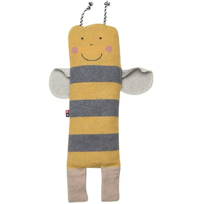 Toy bee with a striped body on a white background