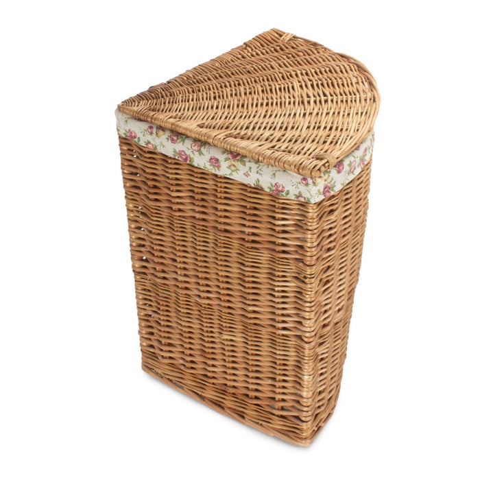 Light Steamed Corner Garden Rose Lined Wicker Laundry Basket