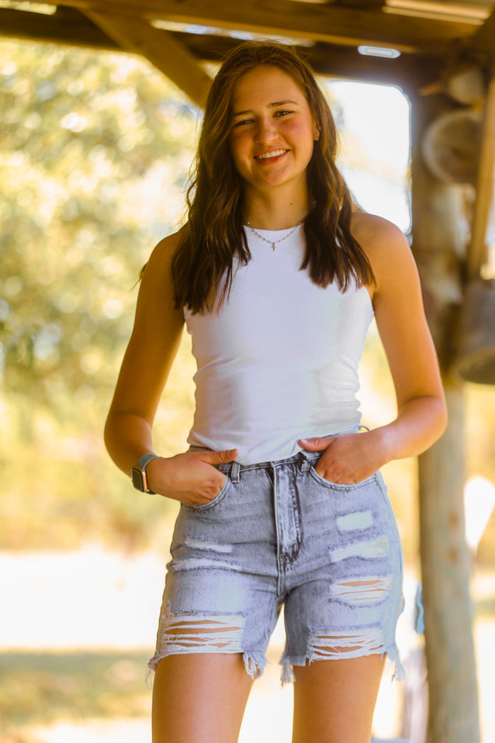 Light Wash Distressed Unfinished Hem High Rise Shorts