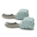 Two silver forks with blue elephant handles on a white background