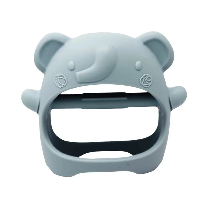 Gray elephant-shaped teether on a white background