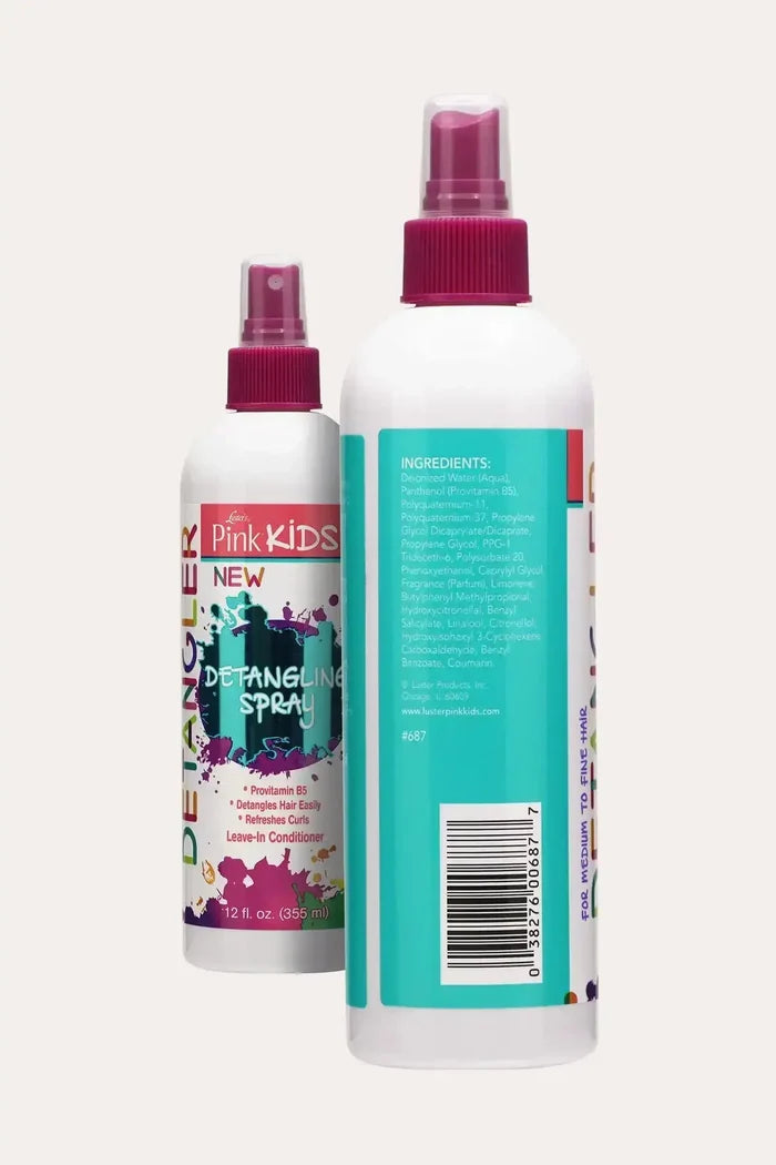 Front and back view of Pink Kids Spray, a lightweight detangler for fine hair and medium curly hair types, showing the full ingredients list.