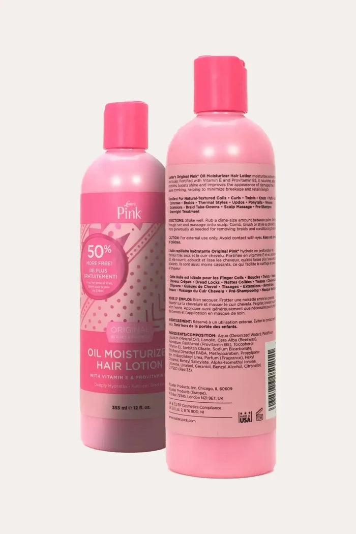 Front and back view of Pink Hair Lotion, showcasing its Anti-Breakage Hair formula with Vitamin E and ProVitamin B5 to repair damaged strands.