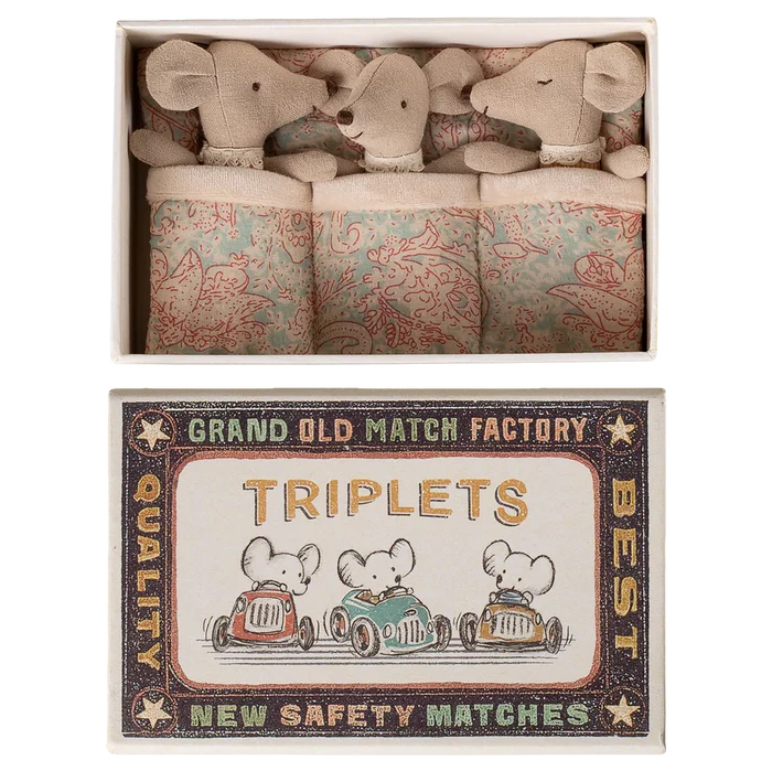 Matchbox with toy mice and vintage matchbox label