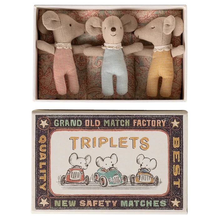 Three toy mice in a matchbox with a vintage matchbox label below.