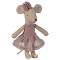 Stuffed mouse toy with a pink dress and flower headband on a white background