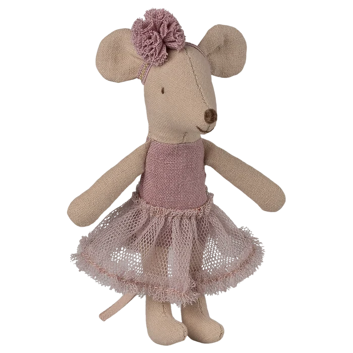 Stuffed mouse toy with a pink dress and flower headband on a white background