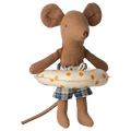 Stuffed mouse toy with a life saver and shorts on a white background