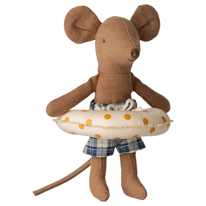 Stuffed mouse toy with a life saver and shorts on a white background
