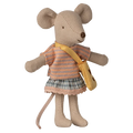 Stuffed mouse toy wearing a striped dress and yellow bag on a white background