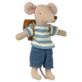 Stuffed mouse toy wearing a striped sweater and shorts with a backpack on a white background