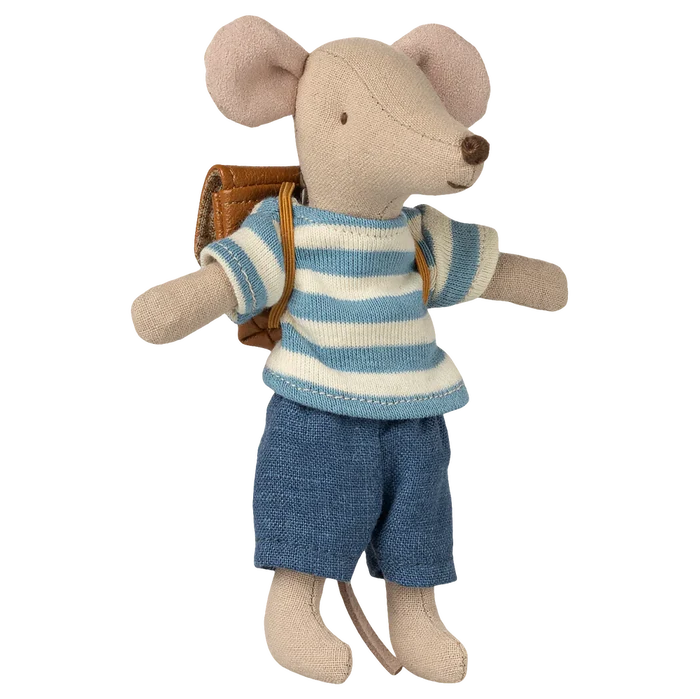 Stuffed mouse toy wearing a striped sweater and shorts with a backpack on a white background