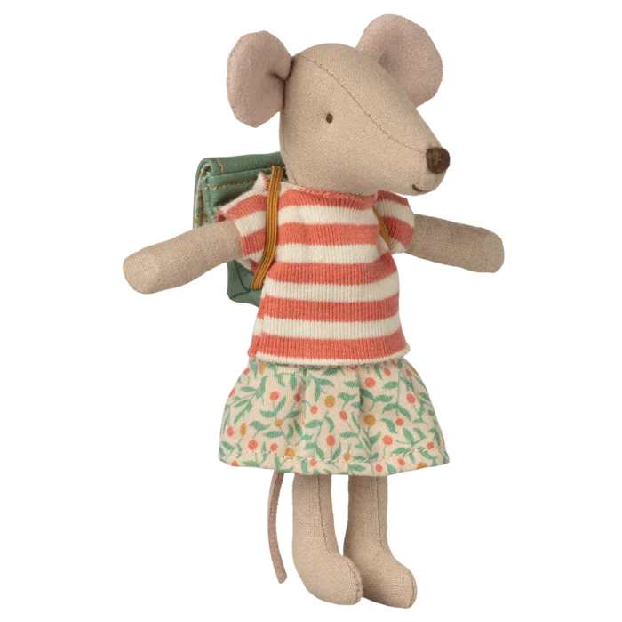 Stuffed mouse toy wearing a striped dress and wearing a green bag on a white background