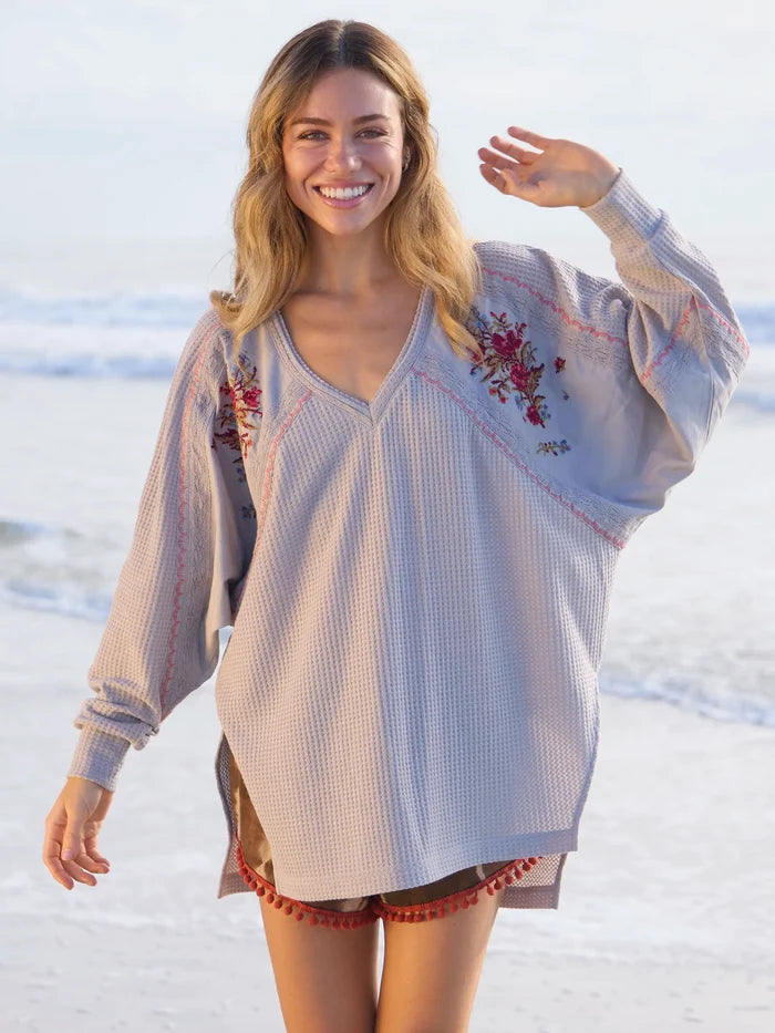 Maisie Oversized Embroidered Thermal Top - Light Grey-view 2