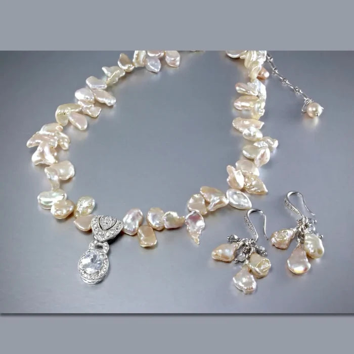 "Bella" - Keshi Pearls and Cubic Zirconia Bridal Necklace and Earrings Set