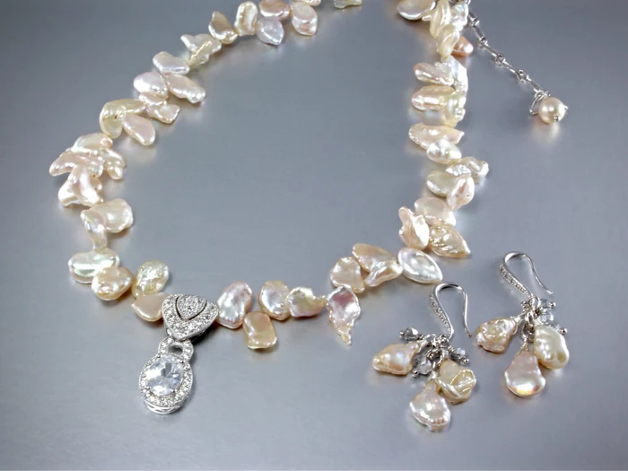 "Bella" - Keshi Pearls and Cubic Zirconia Bridal Necklace and Earrings Set