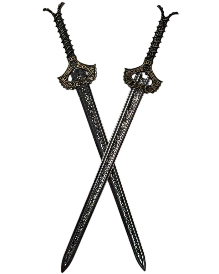 Silver Medieval Sword Hair Sticks with gold accents, crossed front view, decorative fantasy hair accessories for women.