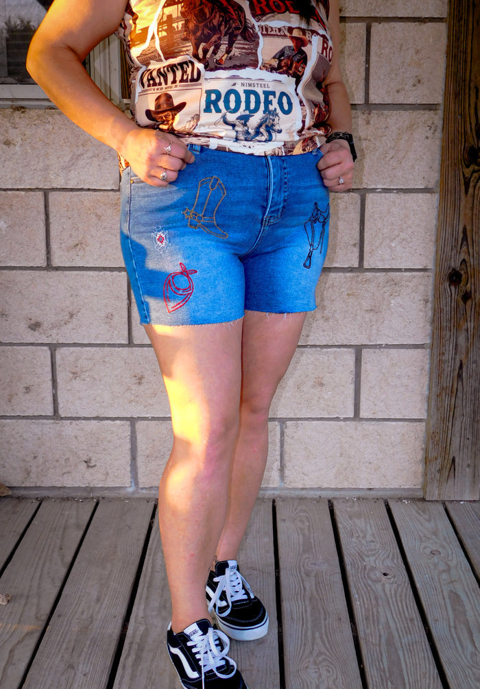 Mid Wash Embroidered Shorts
