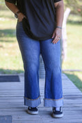 Mid Wash High Rise Stretch Denim Western Buck-Stitch Wide Leg Jeans
