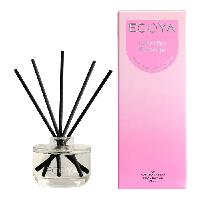 ECOYA mini reed diffuser - glass jar, next to pink packaging. Sweet pea & jasmine fragrance.
