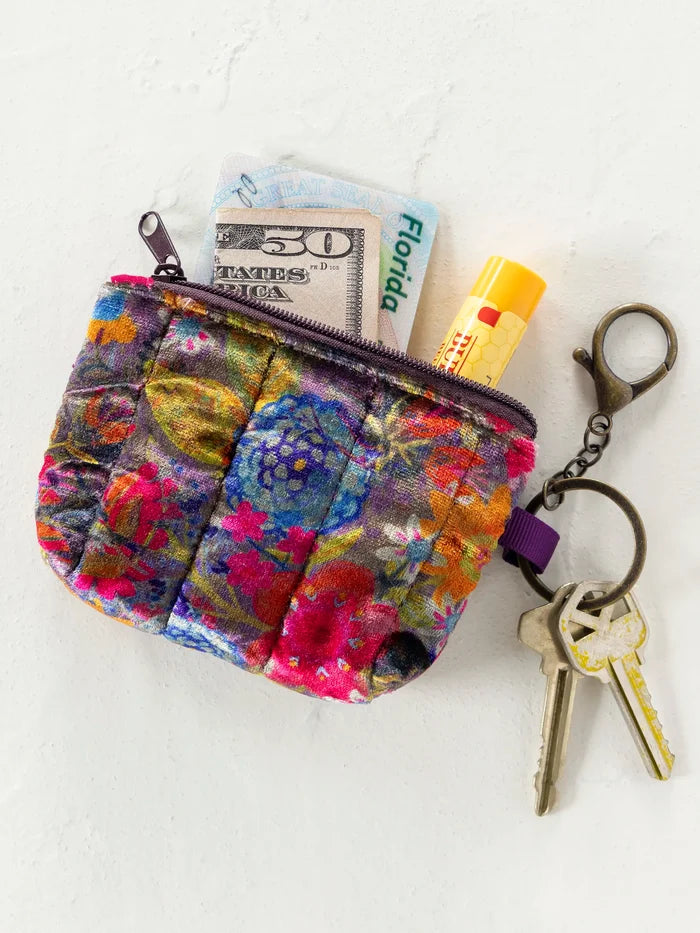Mini Velvet Puffy Coin Purse Key Clip - Dark Floral Garden-view 1