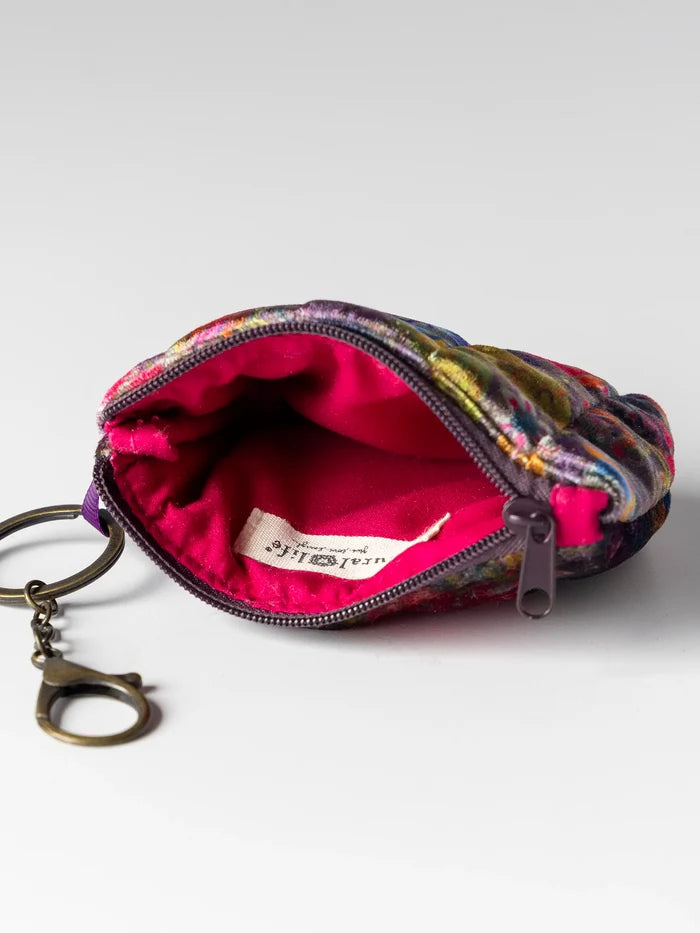 Mini Velvet Puffy Coin Purse Key Clip - Dark Floral Garden-view 2