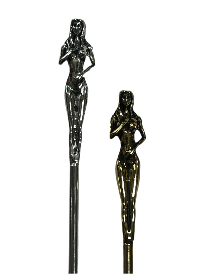 Close-up of Silver and Gold Naked Lady Hair Sticks, side-by-side comparison of sculpted female figure hair jewelry finishes.