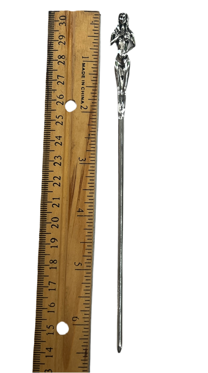 Silver Naked Lady Hair Stick shown beside a ruler for size reference, sculpted female figure hair jewelry for women.
