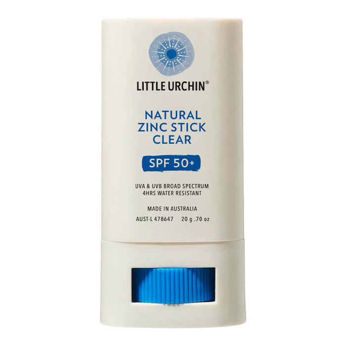 Front view of 20g tube of Natural Zinc Stick SPF 50+, a clear, hydrating, vegan formula that provides UVA and UVB broad spectrum protection from the sun while also being 4 hours water-resistant. Packaged in a cream tube with minimal blue and black text on the label.