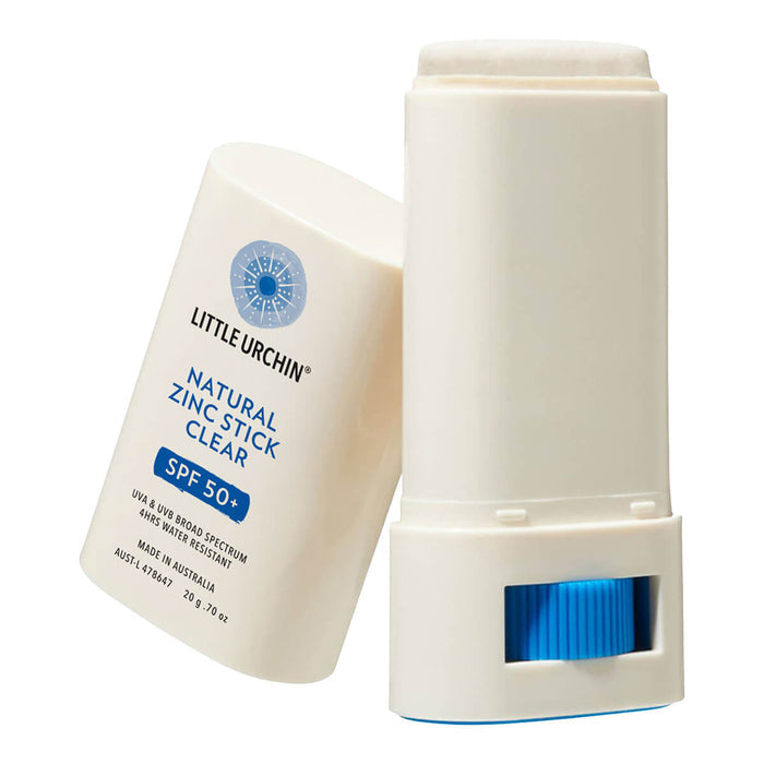 20g tube of Natural Zinc Stick SPF 50+, a clear, hydrating, vegan formula that provides UVA and UVB broad spectrum protection from the sun while also being 4 hours water-resistant. The tube has the cap off, showing the twistable product inside. Packaged in a cream tube with minimal blue and black text on the label.