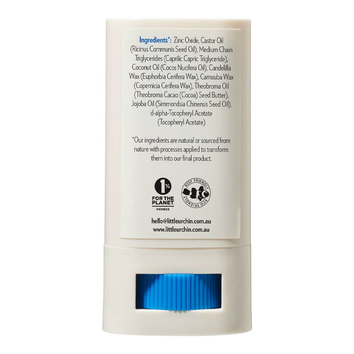 Back view of 20g tube of Natural Zinc Stick SPF 50+, a clear, hydrating, vegan formula that provides UVA and UVB broad spectrum protection from the sun while also being 4 hours water-resistant. The back shows the ingredients. Packaged in a cream tube with minimal blue and black text on the label.