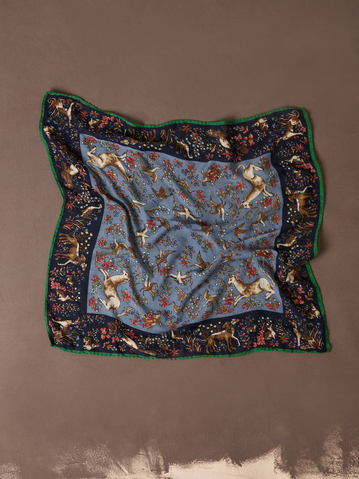Navy Unicorn Tapestry Print Wool-Silk Bandana