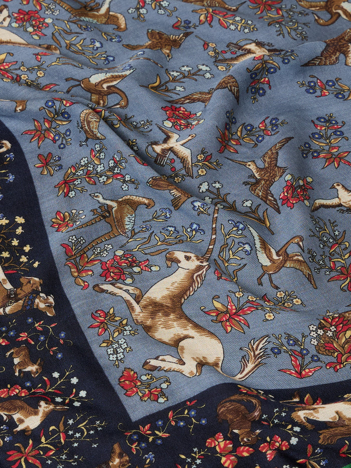 Navy Unicorn Tapestry Print Wool-Silk Bandana