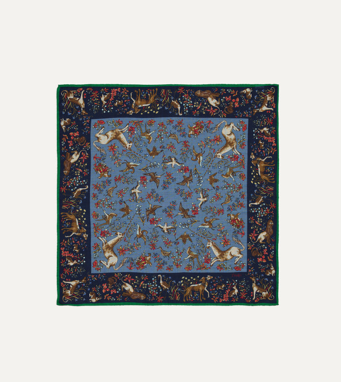 Navy Unicorn Tapestry Print Wool-Silk Bandana