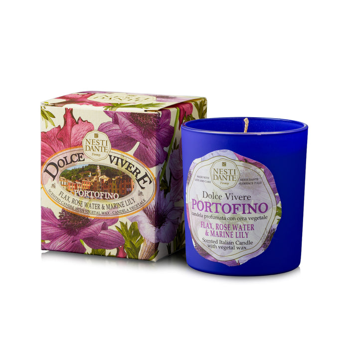 Candela Dolce Vivere Portofino 160 g in vaso blu, stoppino visibile, etichetta Portofino